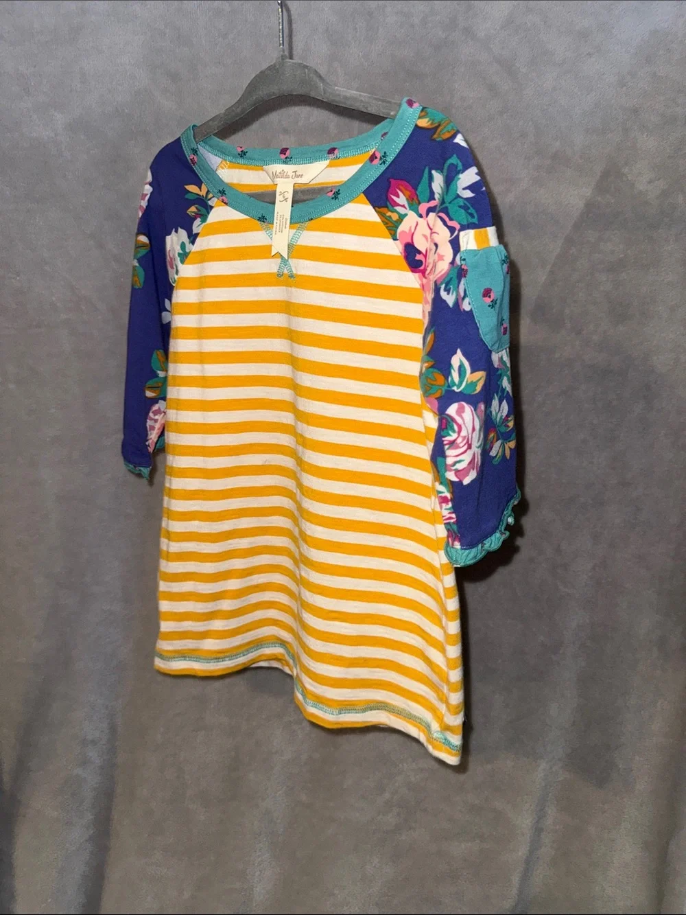 Matilda Jane Yellow & White Striped Raglan Dress with Navy Floral Sleeves